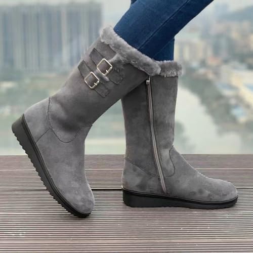 Women's Mid Length Boots Suede Snow Boots Metal Buckle Furry Wedges Booties Outdoor Thick Insulation Warm Plus Fleece shoes - color: Grey, size: 6.5