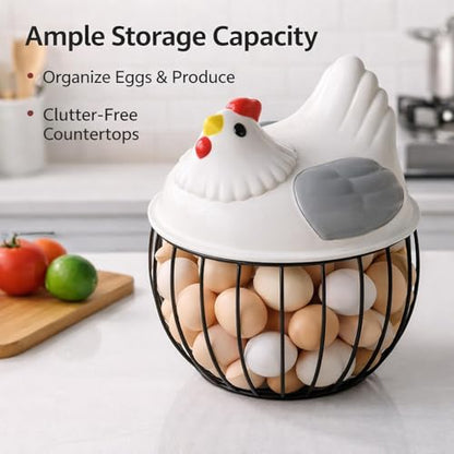 Chicken Egg Basket Metal Wire Egg Holder Countryside Farmhouse Style Storage Basket with Portable Handles Suitable for Collection Home, Gray Lid