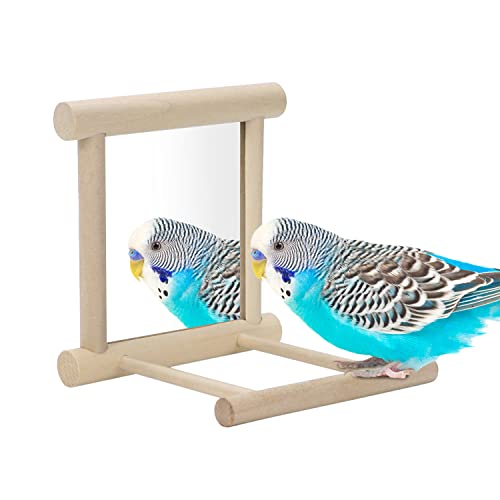 Bird Mirror with Perch Bird Toys for Parrots Budgies Parakeets Cockatiels Lovebirds Finches Canaries - color: Wood color