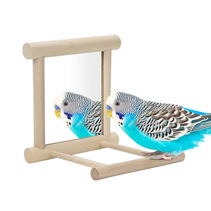 Bird Mirror with Perch Bird Toys for Parrots Budgies Parakeets Cockatiels Lovebirds Finches Canaries - color: Wood color