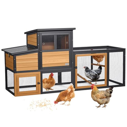 PETSFIT Wooden Chicken Coop for 2-4 Chickens, Backyard Coop with Run, 2 Nesting Boxes and 2 Roost Bars,PVC Windows, Easy-Clean 3-Door Access,Weather-Resistant PVC Roof, 6 Ground Stakes - color: Brown