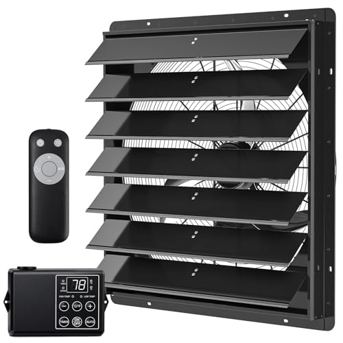 30in Shutter Exhaust Fan with Thermostat,Wall Mounted Attic Ventilation Fan,7000CFM,8m/s,Window Shutter Exhaust Fan with Remote,Controller,3Speed,Timer,All-Metal for Garage,Greenhouse,Attic,Coop,Black