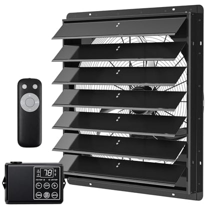30in Shutter Exhaust Fan with Thermostat,Wall Mounted Attic Ventilation Fan,7000CFM,8m/s,Window Shutter Exhaust Fan with Remote,Controller,3Speed,Timer,All-Metal for Garage,Greenhouse,Attic,Coop,Black