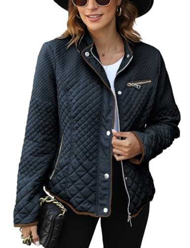 Bellivera Women's Stand Collar Lightweight Quilted Puffer Jacket | Casual Padded Zip Long Sleeve Coat for Spring and Winter with Pockets - color: Blackish Blue, size: Small