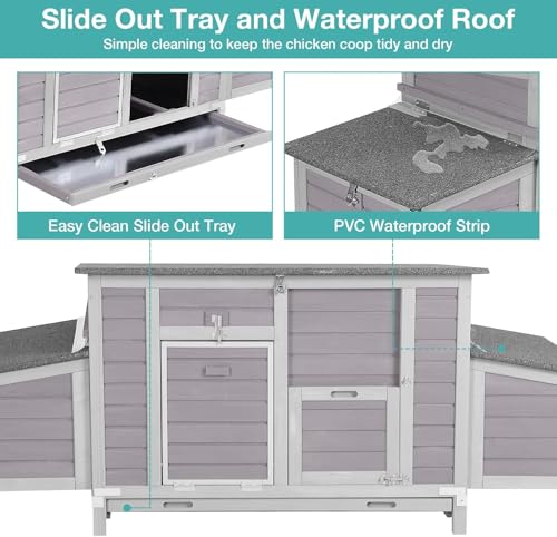 Chicken Coop, Outdoor Hen House Poultry Cage with Nesting Box, Leakproof Pull Out Tray and UV-Resistant Roof (67" L x 25" W x 28" H) - color: Grey, size: 63"L x 27"W x 39.4"H