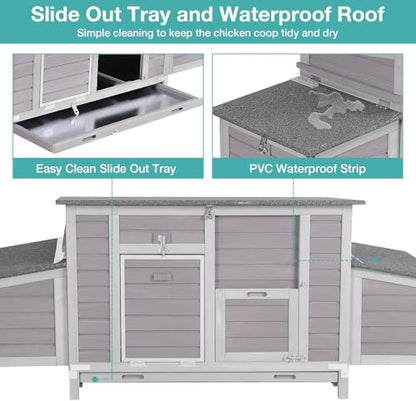 Chicken Coop, Outdoor Hen House Poultry Cage with Nesting Box, Leakproof Pull Out Tray and UV-Resistant Roof (67" L x 25" W x 28" H) - color: Grey, size: 63"L x 27"W x 39.4"H