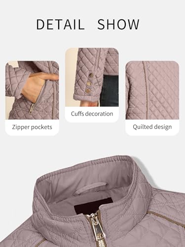 Bellivera Women's Stand Collar Lightweight Quilted Puffer Jacket | Casual Padded Zip Long Sleeve Coat for Spring and Winter with Pockets - color: Pink, size: Medium