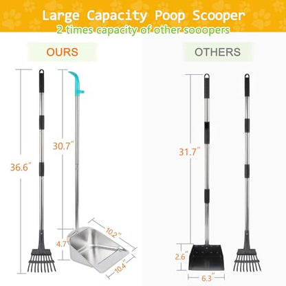 Dog Pooper Scooper for Large Dogs with Large Capacity Tray and 36" Long Handle Rake,Stainless Steel Dog Poop Scooper for Dogs,Heavy Duty Dog Poop Scooper for Yard