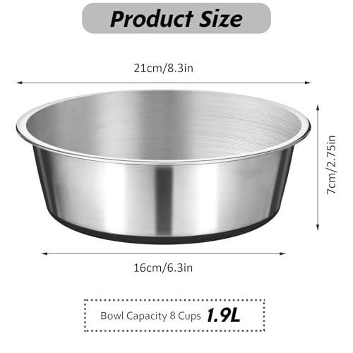 2 Pcs Stainless Steel Dog Bowls, 64oz/8 Cups Anti Rust Metal & Non Slip Rubber Base, Heavy Duty Large Feeding Dishes, Food Grade BPA Free, Food and Water Bowl for Large Dogs