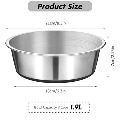 2 Pcs Stainless Steel Dog Bowls, 64oz/8 Cups Anti Rust Metal & Non Slip Rubber Base, Heavy Duty Large Feeding Dishes, Food Grade BPA Free, Food and Water Bowl for Large Dogs