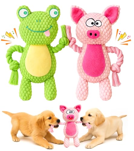 Swooflia 2 Pack Squeaky Dog Toys - Crinkle Plush Pig and Frog Toys for Puppies, Interactive and Stimulating Toy to Relieve Boredom for Small Dogs and Keep Them Busy - size: 2 pcs