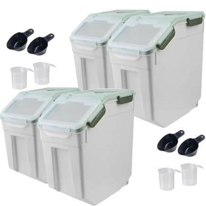 4 Pack Grain Food Storage Container, 20LB Airtight Rice Bin Storage Bucket with Spoon and Measuring Cup, Large Flour Dispenser Container Set 80LB Total Capacity, Green - color: 30lbs,4Pcs,Green