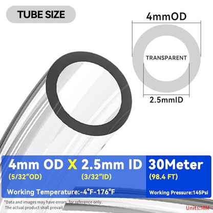 PNEUMATIC Transparent 4mm or 5/32 inch OD 2.5mm ID Polyurethane PU Air Hose Pipe Tube 30 Meter 98.4ft - color: Transparent, size: 4x2.5mm/98.4FT/30M