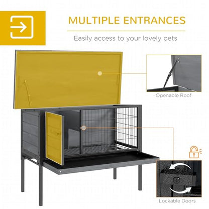 PawHut Rabbit Hutch Elevated Bunny Cage Small Animal Habitat with Metal Frame, No Leak Tray, Metal Wire Pan and Openable Water-Resistant Asphalt Roof for Indoor/Outdoor Gray - color: Gray