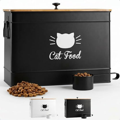 Cat Food Storage Container with Scoop - 15 lb (50 Cup) Capacity Metal Cat Food Container with Airtight Bamboo Lid & Metal Scoop - Airtight Pet Food Storage Containers - 15 lb Treats & Kibble Container - color: Black