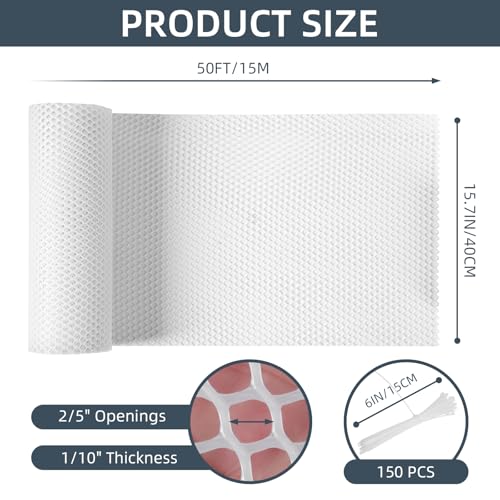 Plastic Wire Mesh Fence, 1.3ft x 50ft /15.7in x 600in Plastic Chicken Wire Fence Mesh Versatile Plastic Fencing Wire Netting Poultry Animal Barrier Fence with 150 Zip Ties for Garden & Farm, White - color: White