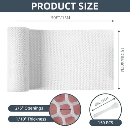 Plastic Wire Mesh Fence, 1.3ft x 50ft /15.7in x 600in Plastic Chicken Wire Fence Mesh Versatile Plastic Fencing Wire Netting Poultry Animal Barrier Fence with 150 Zip Ties for Garden & Farm, White - color: White