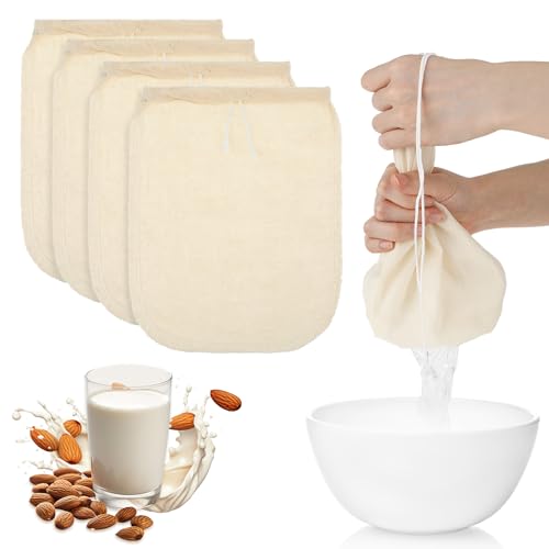 WLLHYF 4 Pack Cotton Nut Milk Bag 8 × 6 Inches Fine Mesh Cheese Cloth Multiple Usage Reusable Food Strainer Professional Cold Brew Filter for Straining Juice Coffee Yogurt Tea (Cotton, 8×6 In) - size: 8×6 in