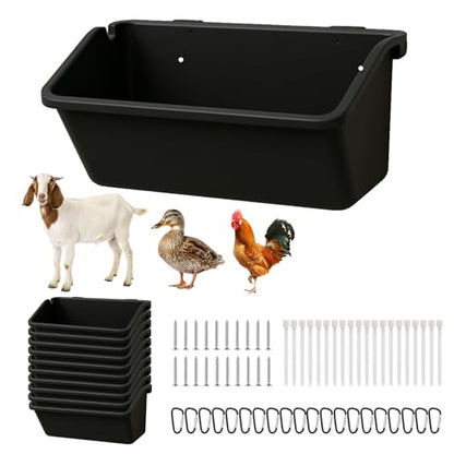 10 Pack Hanging Goat Feeder & Mineral Trough, 5 Qt Fence Feed Trough for Goats, Sheep, Ducks & Chickens, Plastic Farm Feed Bucket with Clips, Zip Ties & Screws, for Grain, Grit & Minerals - color: 10 Packs
