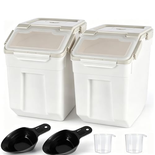 Saim Large 25LB Flour & Rice Storage Container with Wheels, 2Pack Airtight BPA Free Food Storage Bin with Measuring Cup & Scoop for Dry Food, Dog Cat Pet Food, Grain, Cereal, Sugar - Grey - color: 2Pack 25lb Grey