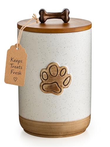 Miamolo Dog Treat Container with Lid, Ceramic Dog Treat Jar Airtight, 8 Cups Dog Food Storage Container for Countertop, Decorative Dog Cookie Jar with Hanlde, Premium Pet Gift, Paw Dotted White - color: Paw Dotted White