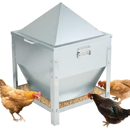 80LBS Large Metal Chicken Feeder, Galvanized Steel Gravity Chicken Feeder with 4-Sided Trough, No Waste Design, Waterproof Locking Lid, Heavy Duty Automatic Outdoor Poultry Feeder for Backyard & Farm