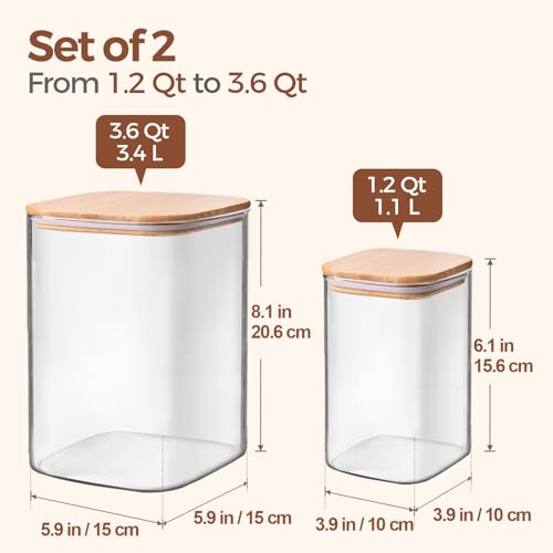 ComSaf Glass Food Storage Containers, 3.6Qt/1.2Qt Glass Flour and Sugar Containers with Airtight Lids, Large Square Jars with Bamboo Lids for Rice, Pasta, Oats, Grains, Cookies, Snacks, Candy - color: 3.6Qt/1.2Qt-Square