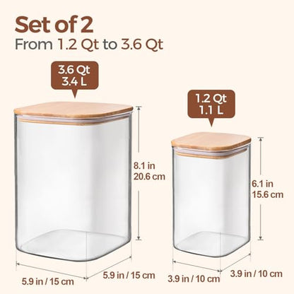 ComSaf Glass Food Storage Containers, 3.6Qt/1.2Qt Glass Flour and Sugar Containers with Airtight Lids, Large Square Jars with Bamboo Lids for Rice, Pasta, Oats, Grains, Cookies, Snacks, Candy - color: 3.6Qt/1.2Qt-Square