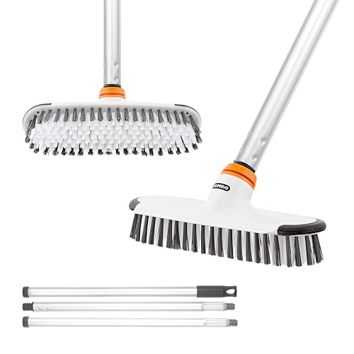 Superio Deck Scrub Brush with Long Handle, Heavy Duty Stiff Bristles Grout Scrubber with Scraper - Cleans Hot Tub, Swimming Pool, Granite Tiles, Bathroom, Patio, Kitchen, Wall and Deck (3 Part Handle) - size: 3 Part Handle