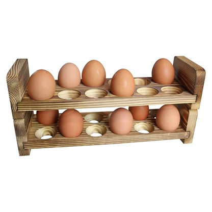 Expandable Stackable Wooden Egg Holder Countertop for 24 Eggs, Rustic Kitchen Decoration, Two-Piece Compact Egg Rack for Counter - Chicken Decor - Gui's Chicken Coop (Double Rack)