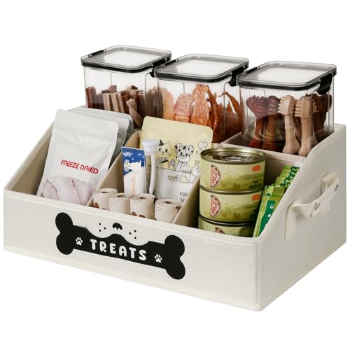 Dog Treat Container, Dogs Storage Organizer with Removable Dividers, Collapsible Dogs Treat Holder for Countertop, Trapezoid Pet Treats Containers, Dog Toy Basket with PU Handles, Medium, Beige - color: Beige, size: Medium (6 compartments)