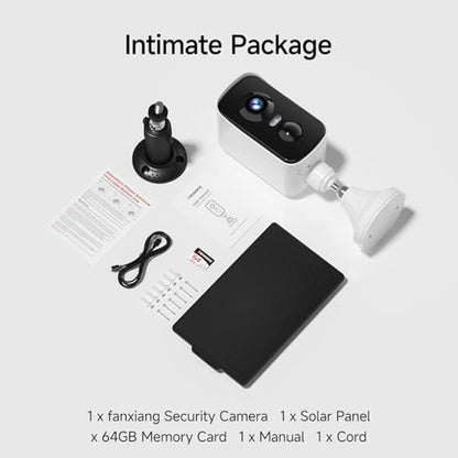 fanxiang 2K Wireless Security Camera Outdoor with Solar Panel & 64GB Card, Rechargeable Battery Camera Wireless WiFi, 300° Pan Rotating, PIR, Color Night Vision, AI Motion Detection, 2-Way Audio, IP65 - style: Solar Camera with Card