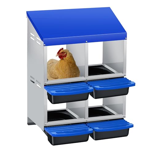 Metal Chicken Nesting Box with Easy-Collect Tray & Lid – 3/4/2x2 Compartment Heavy Duty Roll Away Nesting Boxes for Chickens, Wall Mount or Freestanding, Galvanized Steel Hen Laying Box for Coop - color: Blue, size: 4 Holes & 2-tier