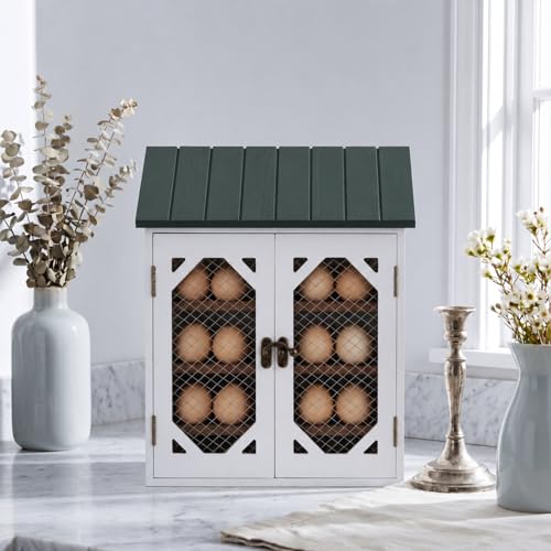 Xuhal Wooden Egg Holder Countertop Farmhouse House Shape Egg Storage Decor 3 Tier Cabin Pull out Storage Shelf Holding up to 24 Distressed Collecting Basket for Gathering Kitchen