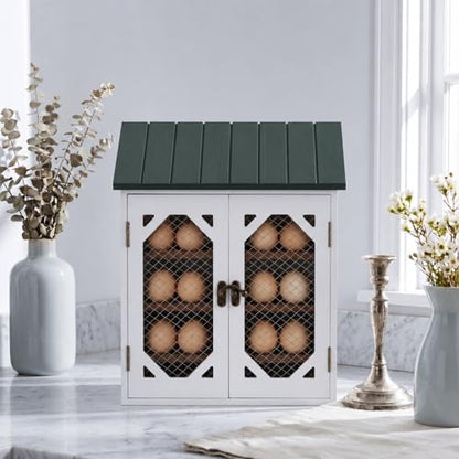 Xuhal Wooden Egg Holder Countertop Farmhouse House Shape Egg Storage Decor 3 Tier Cabin Pull out Storage Shelf Holding up to 24 Distressed Collecting Basket for Gathering Kitchen
