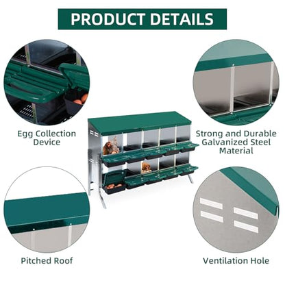 Chicken Nesting Box, 2-Tier Chicken Laying Boxes for Hens, 10 Compartments Chicken Laying Box, 10 Room Metal Nesting Boxes for Chicken, Roll Away Nest Box with Lid Cover to Protect Eggs, 10 Hole Green