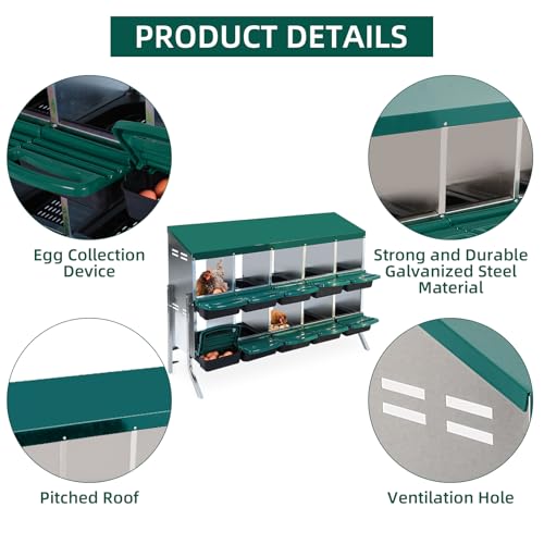 Chicken Nesting Boxes with Cleanable Pull-Out Trays - 10 Hole Metal Rollaway Nest Box for Laying Hens, Wall Mount or Placed Design for Easy Egg Collection & Cleaning