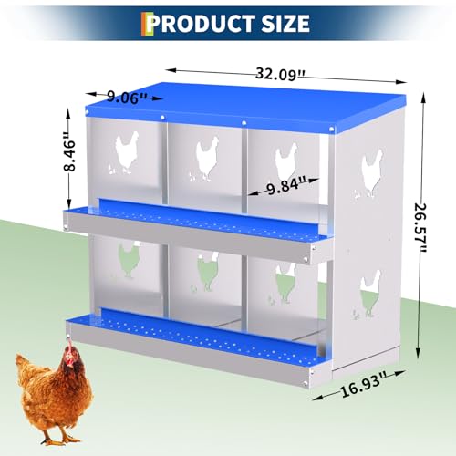 6-Hole Galvanized Chicken Nesting Box, Roll Away Egg Collection, Rustproof Hen Laying Boxes with Legs, Ventilated & Easy Install, Premium Poultry Nest for Chicken Coop/Duck House + Fake Training Eggs - size: 6 Holes