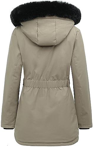 MOERDENG Women's Long Winter Down Coat Thicken Fleece Lined Parka Warm Puffer Jacket With Faux Fur Detachable Hood - color: Khaki, size: Medium
