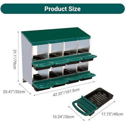8 Hole Chicken Nesting Box, Roll Away Nest Boxes with Lid Cover to Protect Eggs, Poultry Nest Boxes for Chickens Laying Egg, Green