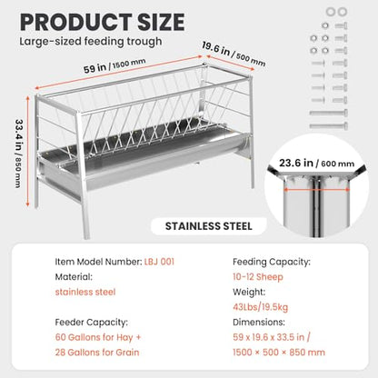 5 FT Pasture Feeder, 88 Gallon Large Livestock Feeder, Stainless Steel Frame, Easy to Assemble Goat Hay Feeder, Suitable for Farms, Ponies, Goats, Calves