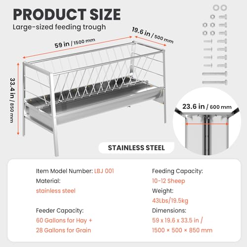 88 Gallon Goat Hay Feeder, Heavy-Duty Upgrade Stainless Steel Hay Feeder for Goats, 2-in-1 Design (60Gal Hay + 28Gal Feed/Water Tray), Livestock Feeder for Ranch, Barn and Goat Pens