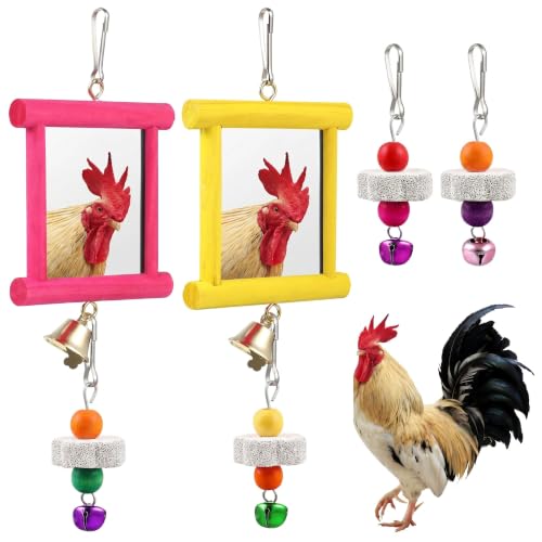 Sumind 2 Pieces Chicken Mirror Toys Hanging Swing Mirror with Bell Wooden Pecking Toy and 4 Pieces Beak Grinding Molar Stones for Hens Birds Parrots - color: Rose Red,Yellow