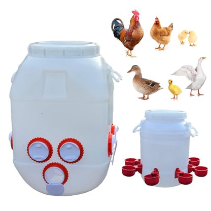 Rainproof Chicken Feeder and Chicken Waterer Set (13 Gallon/60 Pounds) Automatic Chicken Feeder Poultry Feeder Bucket with 10 Ports Chicken Waterer (2.6 Gallon/10L) with 8 Water Cups