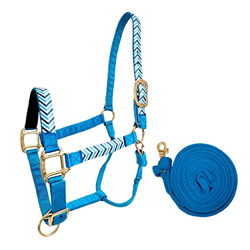 Tahoe Tack Patterned Nylon Adjustable Horse Halters with Padded Noseband and Matching 10’ Soft Grip Lead Rope with one Year Warranty - color: Blue Chevron and Hurricane Blue