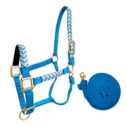 Tahoe Tack Patterned Nylon Adjustable Horse Halters with Padded Noseband and Matching 10’ Soft Grip Lead Rope with one Year Warranty - color: Blue Chevron and Hurricane Blue