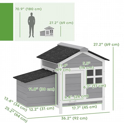 PawHut Chicken Coop Outdoor Weatherproof, Wooden Duck House with Nesting Box, Pull-Out Metal Tray, for 1-2 Chickens, Rabbits, Ducks, Poultry Cage Rabbit Hutch for Backyard, Farm, 36" x 25" x 27"