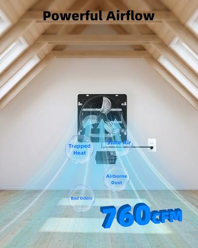 8'' Upgraded Shutter Exhaust Fan with Thermostat & Remote, 760 CFM Wall Mounted Attic Exhaust Fan, Auto On/Off by Temperature for Garage, Greenhouses, Sheds, Chicken Coops & Basement - size: 8 Inch
