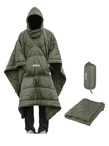 WildCall Hooded Camping Blanket with 3M Thinsulate Insulation Wearable Poncho Blanket Ultralight Foldable Quilt Sleeping Bag for Outdoor, Hiking, Stadium - color: Green