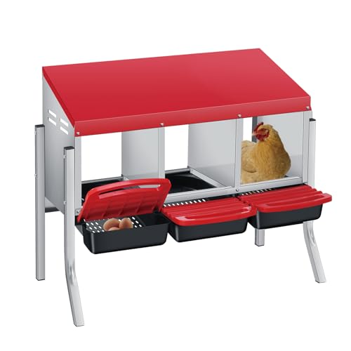 Chicken Nesting Box 3-Compartment Roll-Out with Pull-Out Trays, Egg Nesting Boxes for Hens, Chicken Coop Laying Box,Easy Wall Mounting with Metal Legs - color: red, size: 30.7"L x 20.1"W x 20.1"H